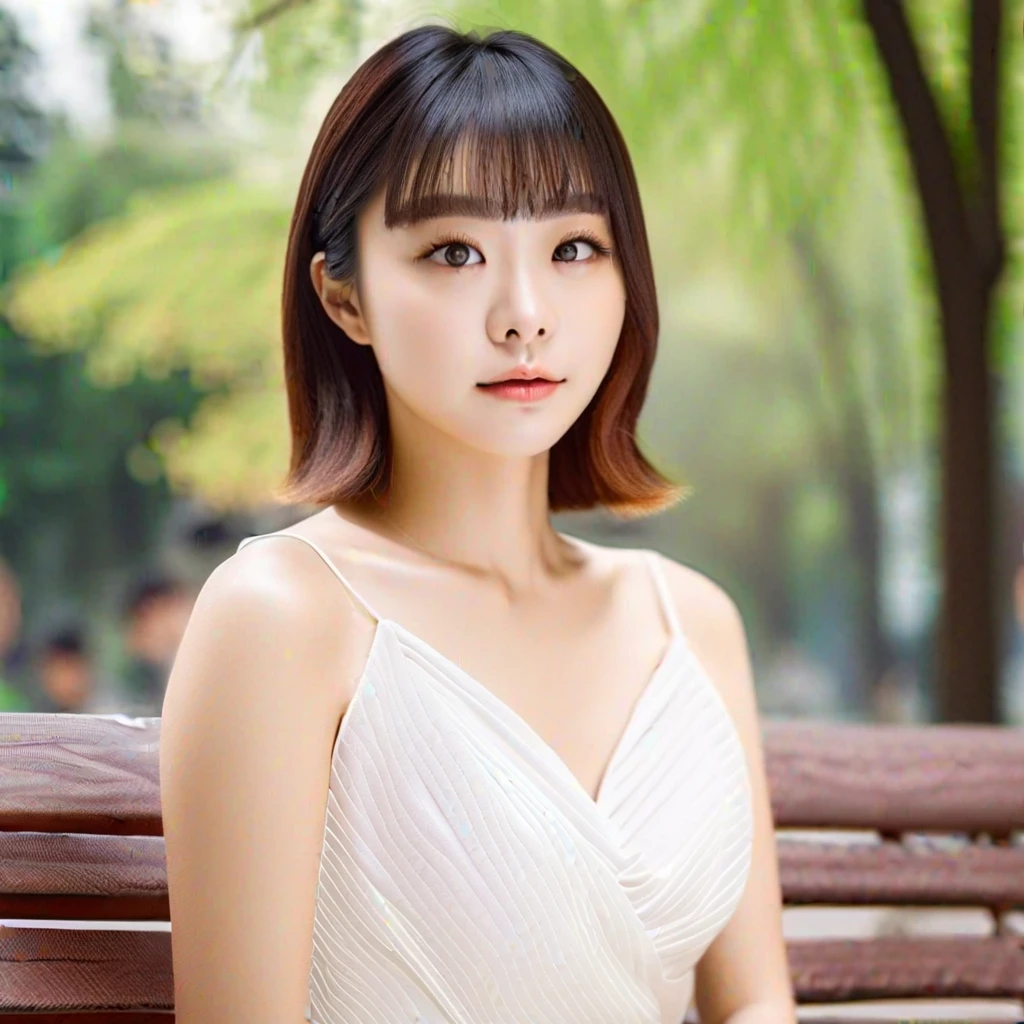 dami, 1girl, best quality, photorealistic, 8k, high res, full color, 20 years old woman, (closed mouth:1.2), (skindentation), (portrait:0.6), tree, park bench, daylight, (park background:1.2), full color, ((white dress:1.2)), detailed eyes, detailed iris, beautiful expression, looking at viewer:1.3, (1girl eyes looking at viewer:1.3), beautiful hair, blunt bangs, (bokeh), highres