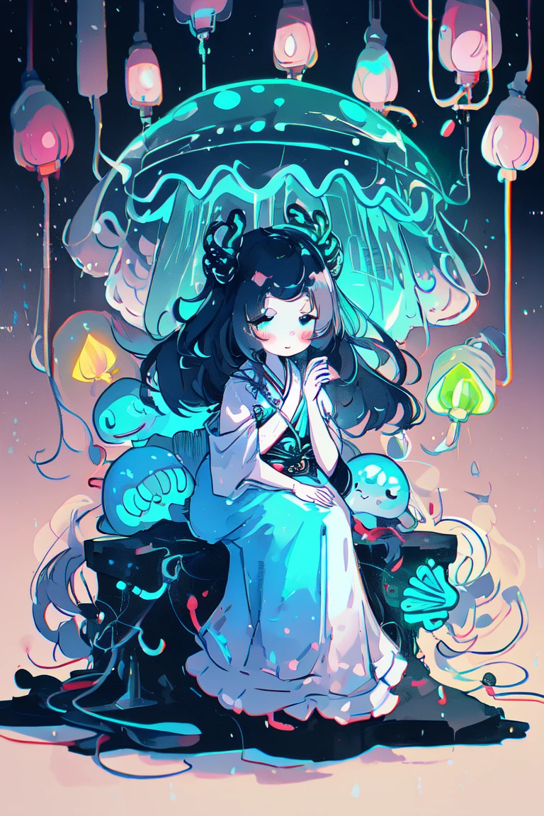 1hanfu girl,glowing jellyfish neon light,sitting,wariza,(cute illustration:1.2),absurd-resolution,ultra-detailed,best quality,