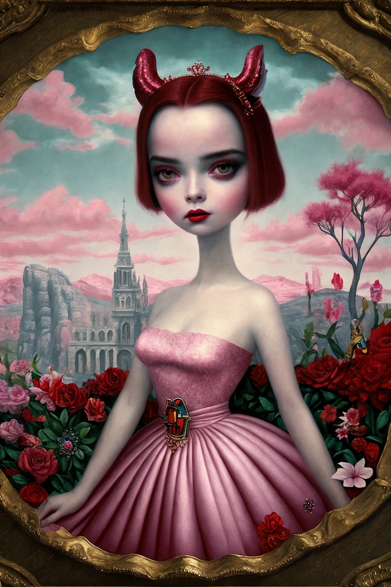 beauty young devil, strange fantasy, surrealistic art, artwork, masterpiece, best quality, popsurrealism art, digital painting <lora:Mark_Ryden_ArtStyle_640x960:0.9>