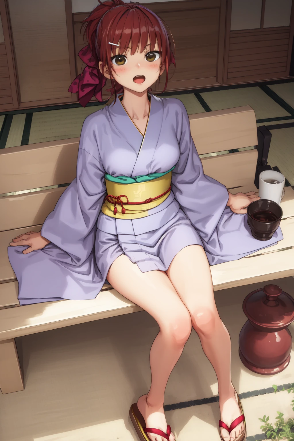 (masterpiece, best quality:1.2),
1girl, solo, looking at viewer, <lora:Concept\hotarueye_jitome1_v100:1.0>, blush, braided ponytail, open mouth, red hair, brown eyes BREAK
print yellow yukata, thighs, zouri, sandals, sash, japanese clothes, hairclip BREAK
sitting, bench, leg up, from above, outdoors