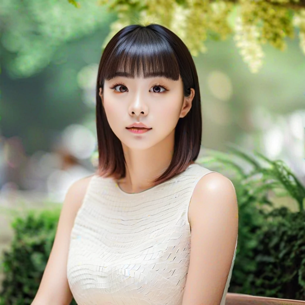 dami, 1girl, best quality, photorealistic, 8k, high res, full color, 20 years old woman, (closed mouth:1.2), (skindentation), (portrait:0.6), tree, park bench, daylight, (park background:1.2), full color, ((white dress:1.2)), detailed eyes, detailed iris, beautiful expression, looking at viewer:1.3, (1girl eyes looking at viewer:1.3), beautiful hair, blunt bangs, (bokeh), highres