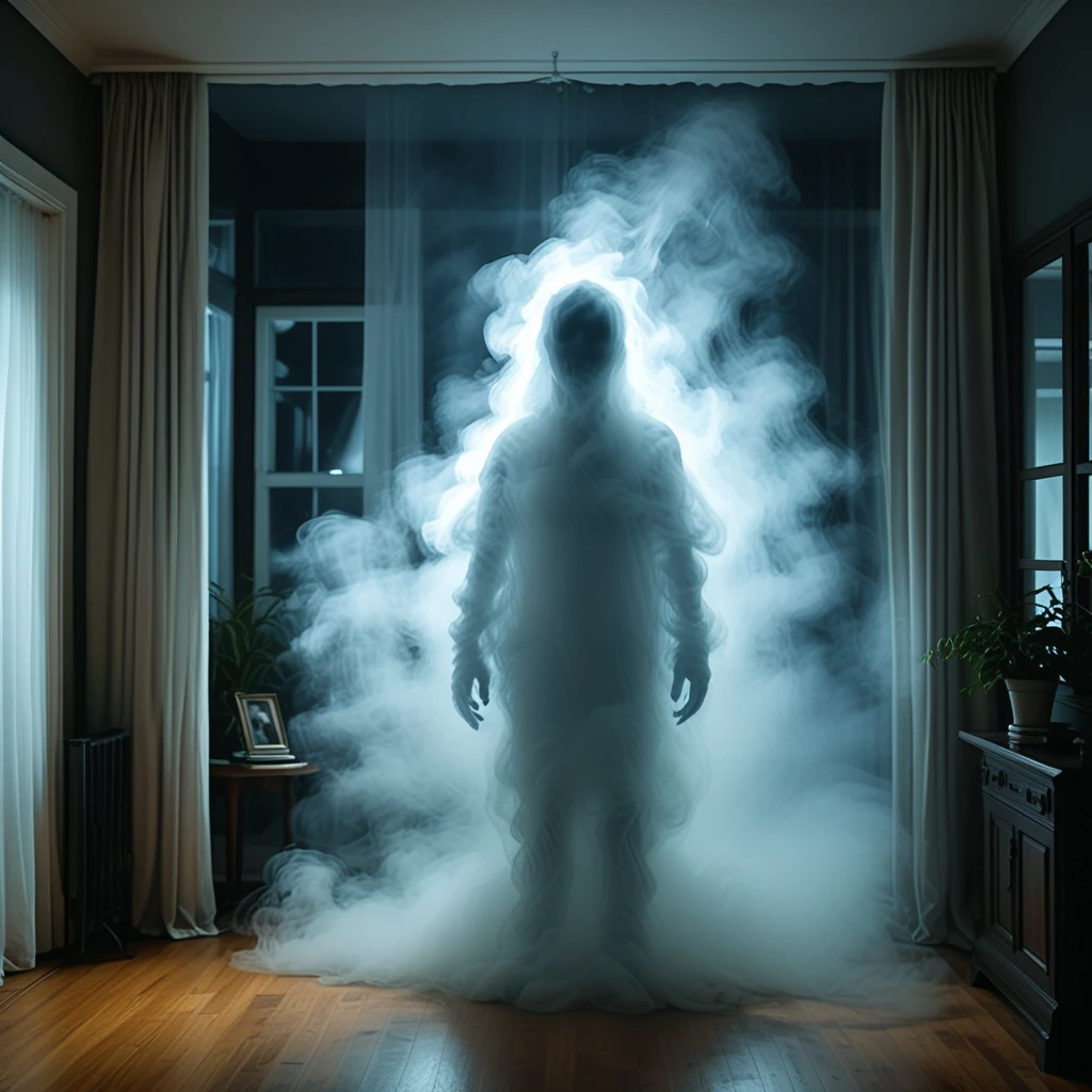 mdfg ghost made of fog in a dark, foggy living room, at night, night sky, light through curtains<lora:fog_things:1>