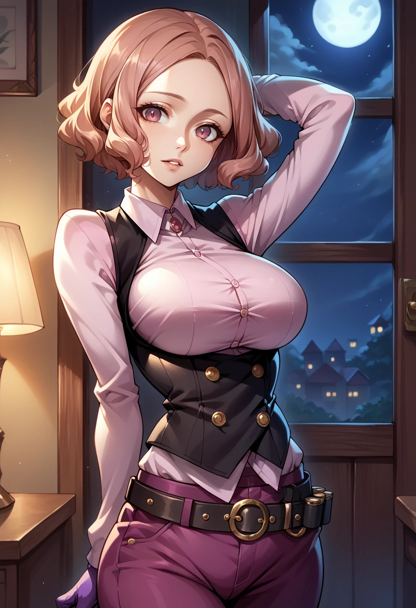 score_9, score_8_up, score_7_up, source_anime, BREAK 1girl, looking at viewer, parted lips, arm behind head, <lora:HaruP5-pdxl:1> ptHaru, short hair, pink collared shirt, puffy long sleeves, black vest, big breasts, underbust, purple gloves, purple shorts, puffy shorts, belt, bandolier, black pantyhose, indoors, night, full moon