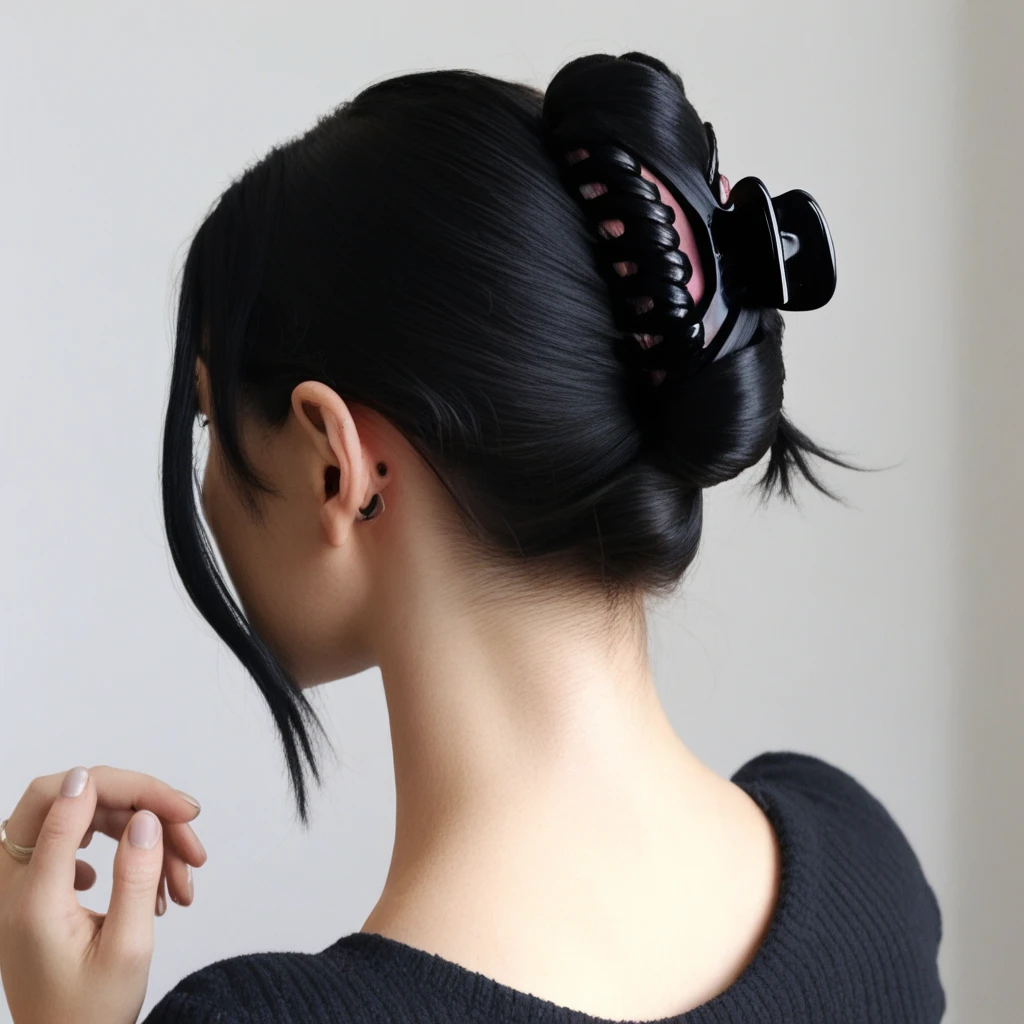 1girl, solo, nape, black hair, hairclaw, tying hair, black hairclaw