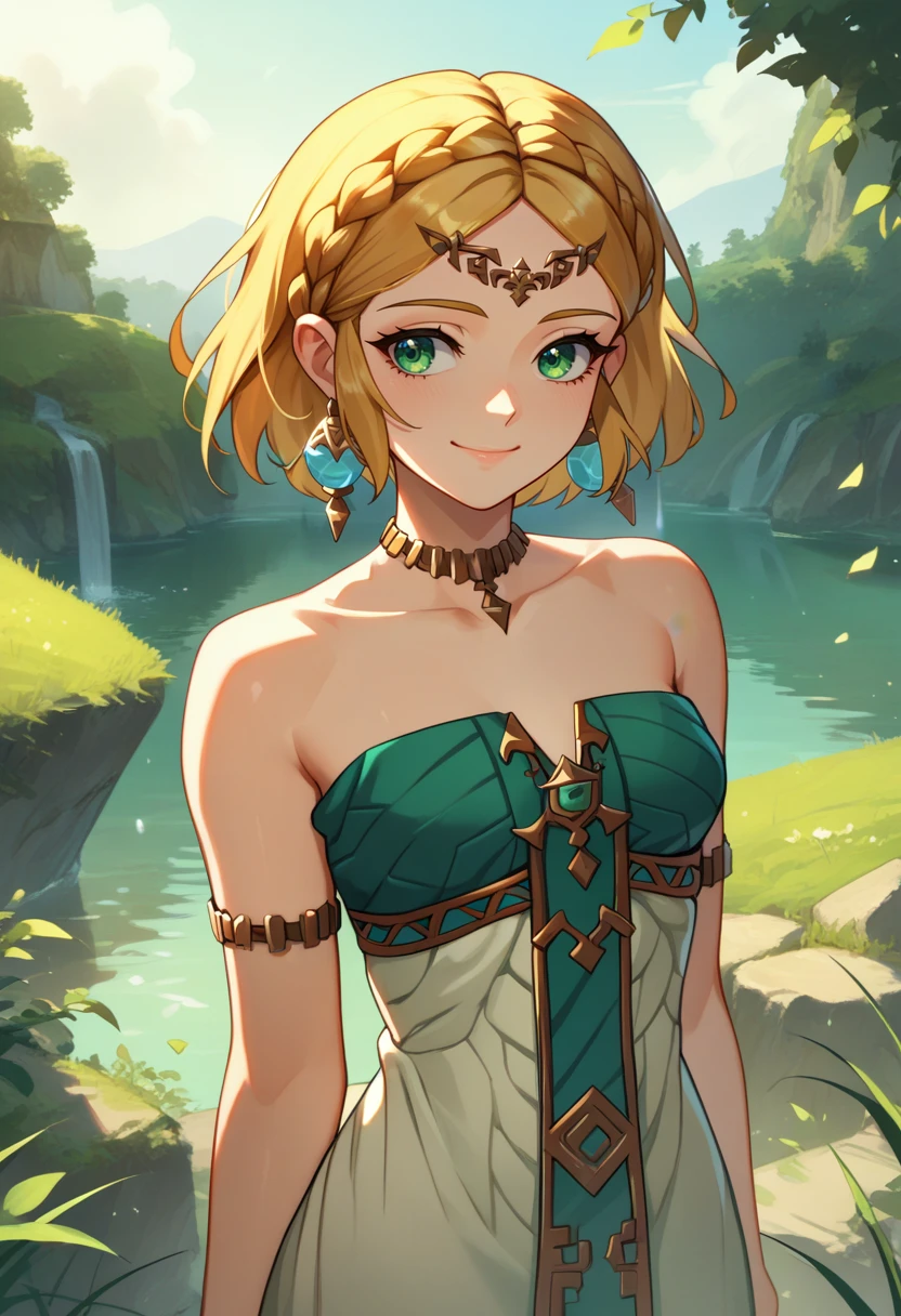 score_9, score_8_up, score_7_up, source_anime, solo, 1girl, totkzeldadress, smile, looking away, crown braid, circlet, green eyes, strapless dress, armlet, bare shoulders, collarbone, outdoors <lora:tloz_totkzelda_ponyXL:1>