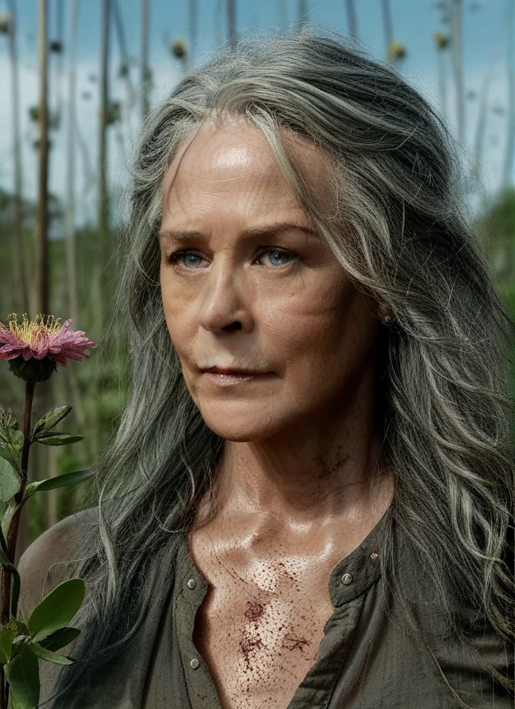 cinematic still of TWDCarol looking at beautiful flowers, detailed face, weathered skin, focus on face, clean, long messy grey hair, narrow depth of field, <lora:TWDCarol:1>