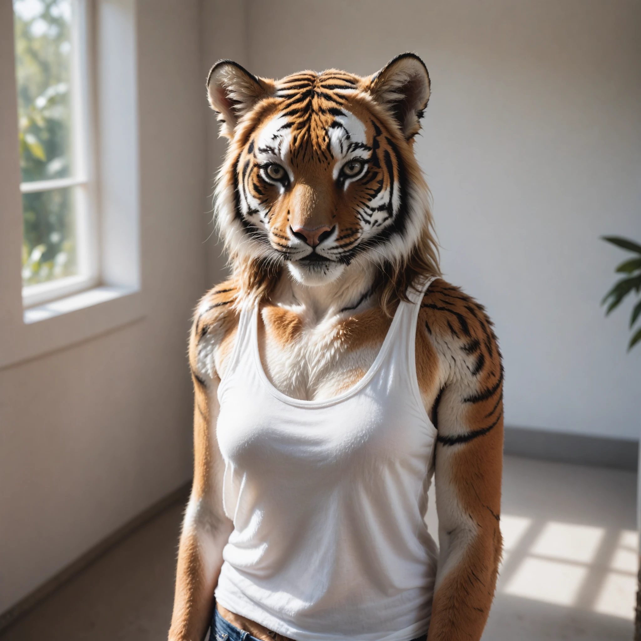 Detailed realistic, photo of a anthro, tiger, female, wearing a white tank top, natural light ,anthro,furry,pov