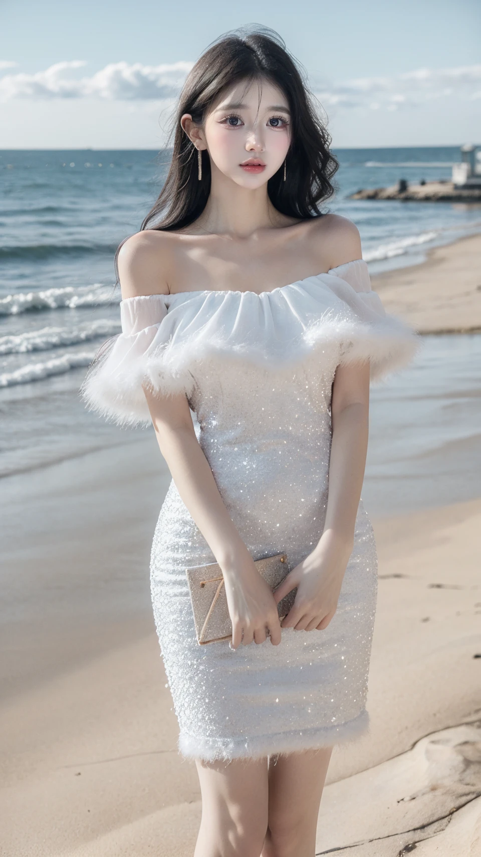 masterpiece,best quality,bright colors,solo,photo_,(1girl:1.3),(standing:1.3),(looking at viewer:1.4),Elegant,detailed gorgeous face,(cowboy shot:1.4),realistic,dappled sunlight,(seaside background:1.4),sun,,MIS,shiny dress,fur trim,<lora:MIS46:0.75>
