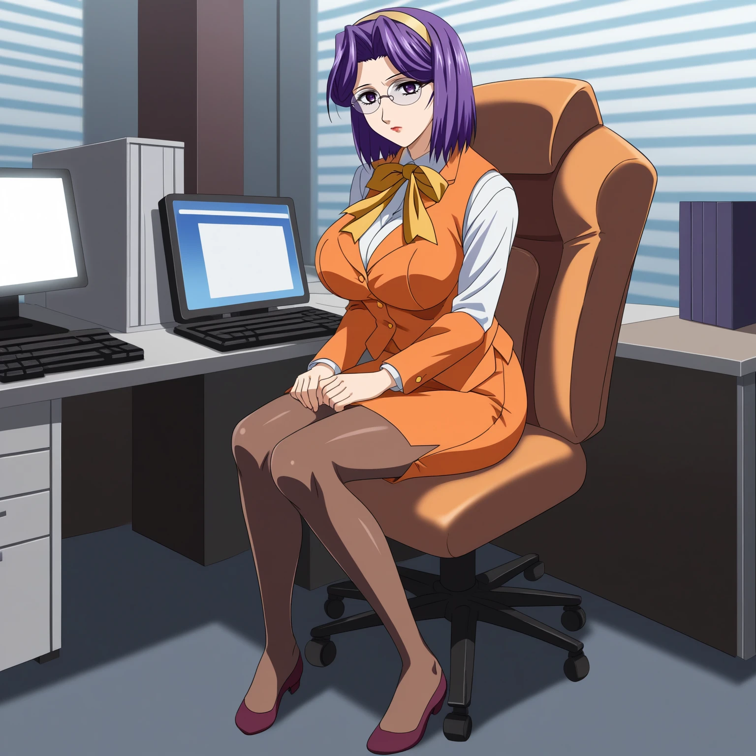<lora:ChisaSakuraiXLpony001>,
solo,
ChisaSakurai,1girl,purple hair,hair band,medium hair,purple eyes,eyewear,large breasts,
orange suit,skirt_suit,yellow ribbon tie,white shirt,vest,long_sleeves,
pencil_skirt,
brown pantyhose,
full body,sitting,chair,office,computer,