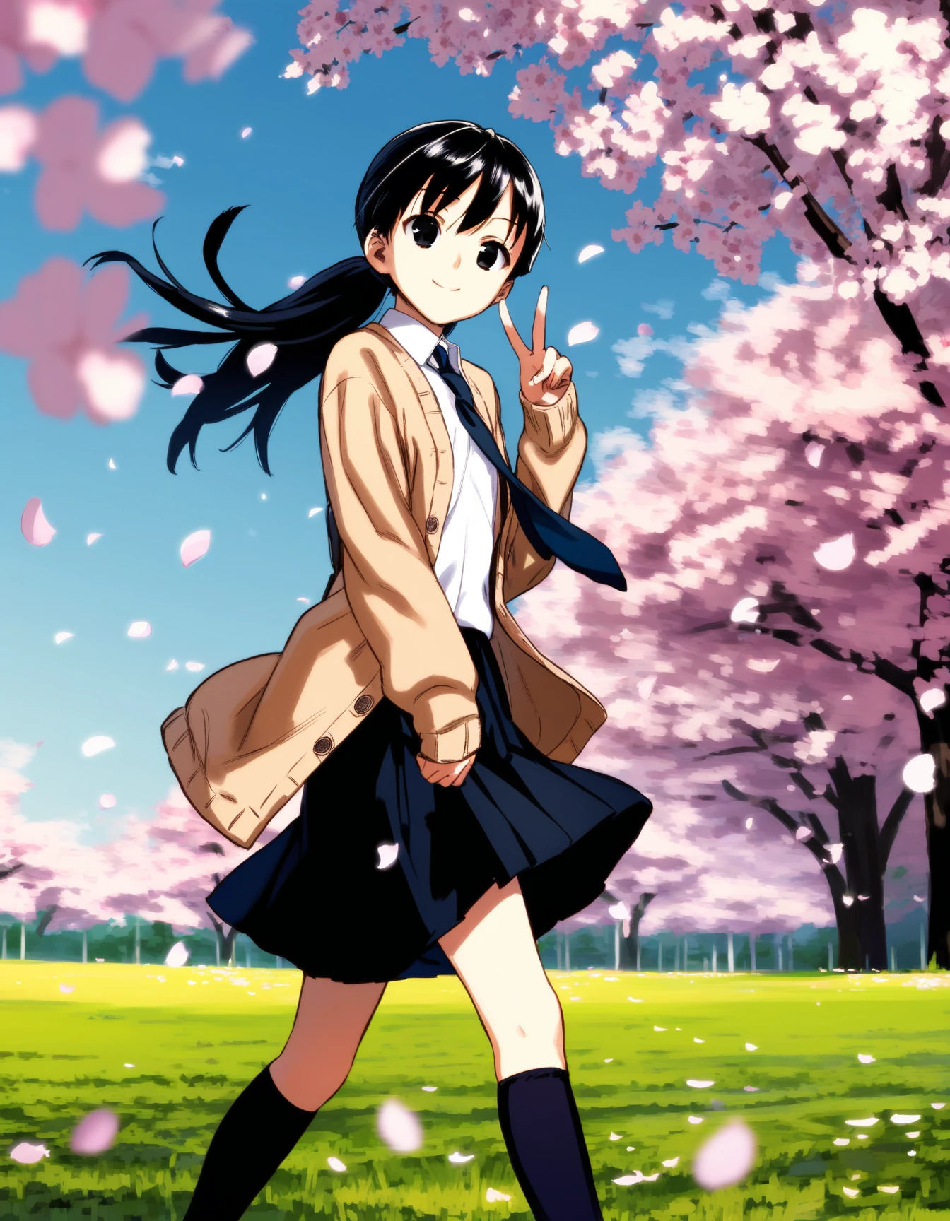 score_9, score_8_up, score_7_up, source_anime, rating_safe BREAK
1girl, solo, smile, flower, black hair, skirt, outdoors, ponytail, cherry blossoms, day, school uniform, cardigan, necktie, tree, grass, black eyes, socks, black skirt, wind, blue sky, black socks, walking, long sleeves, shirt, collared shirt, petals, v, cowboy shot, (close-up:1.2)
<lora:rokkaku_pony-v1-000010:0.8>