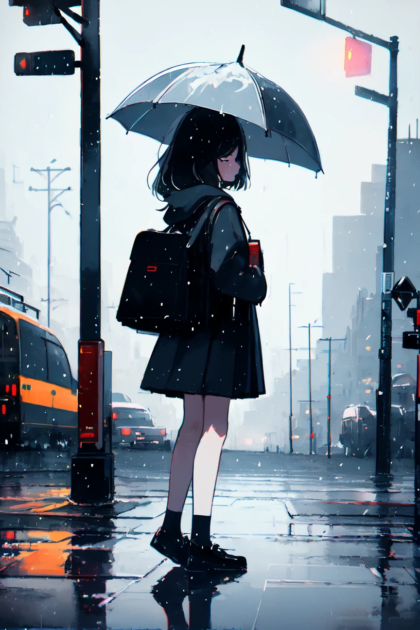 looking at viewer,1girl,rain,ground vehicle,umbrella,motor vehicle,outdoors,night,car,holding umbrella,holding,solo,road,reflection,black hair,hood,train,shoes,socks,scenery,street,standing,black footwear,from behind,bag,skirt,coat,traffic light,blurry,bus,sign,building,snowing,lamppost,jacket,city,train station,school uniform,lights,railroad tracks,depth of field,puddle,facing away,long sleeves,crosswalk,long hair,water,sky,power lines,bus stop,walking,white socks,wide shot,night sky,short hair,hoodie,snow,, jinghongface