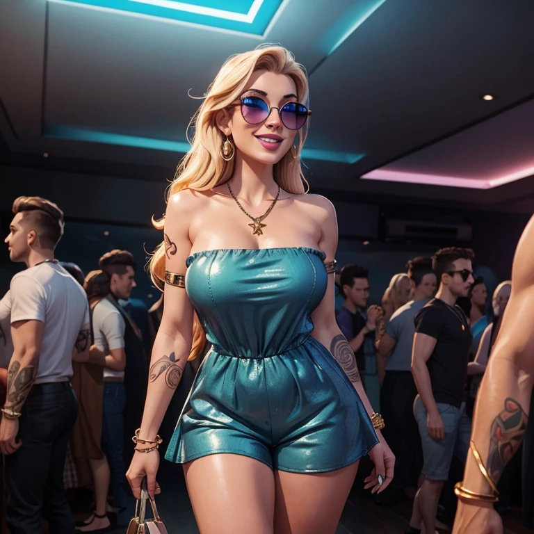 standing in a crowded party club,focus on face and breasts,guess handbag hallie,epic beautiful curvy adult woman, laughing into the camera, wearing sunglasses on the forehead, (beautiful tatto on legs: 1.1), showing leg, beautiful face, blue eyes, eyelashes, makeup, luscious lips, defined chin, defined eyebrows, long blonde hair, medium breasts, skindentation, glossy skin, armlets, necklace, anklets, (disco light: 1.1), (shadows: 1.1), render, 4k, ultra realistic, cinematic<lora:add detail:1.3>, <lora:rom 1:0.8> rom 1, strapless white ruffled romper, <lora:skin_tone_slider_v1:4.0>, <lora:zoom_slider_v1:-2>