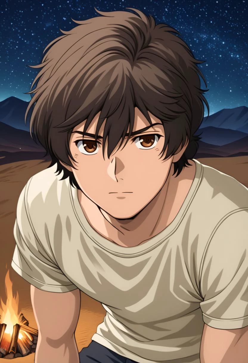 ASCII banagher_links, 1boy, male focus, solo, torn white undershirt, warm beige skin, brown hair, detailed anime torso,
detailed glossy reflective eyes, expressive eyes, big brown eyes, looking at the viewer, 
sexy pose, in a desert at night, starry sky, campfire,
(close-up with upper torso: 1.3),
masterpiece, best quality, ultra high res, intricate detail, clamshell warm lighting