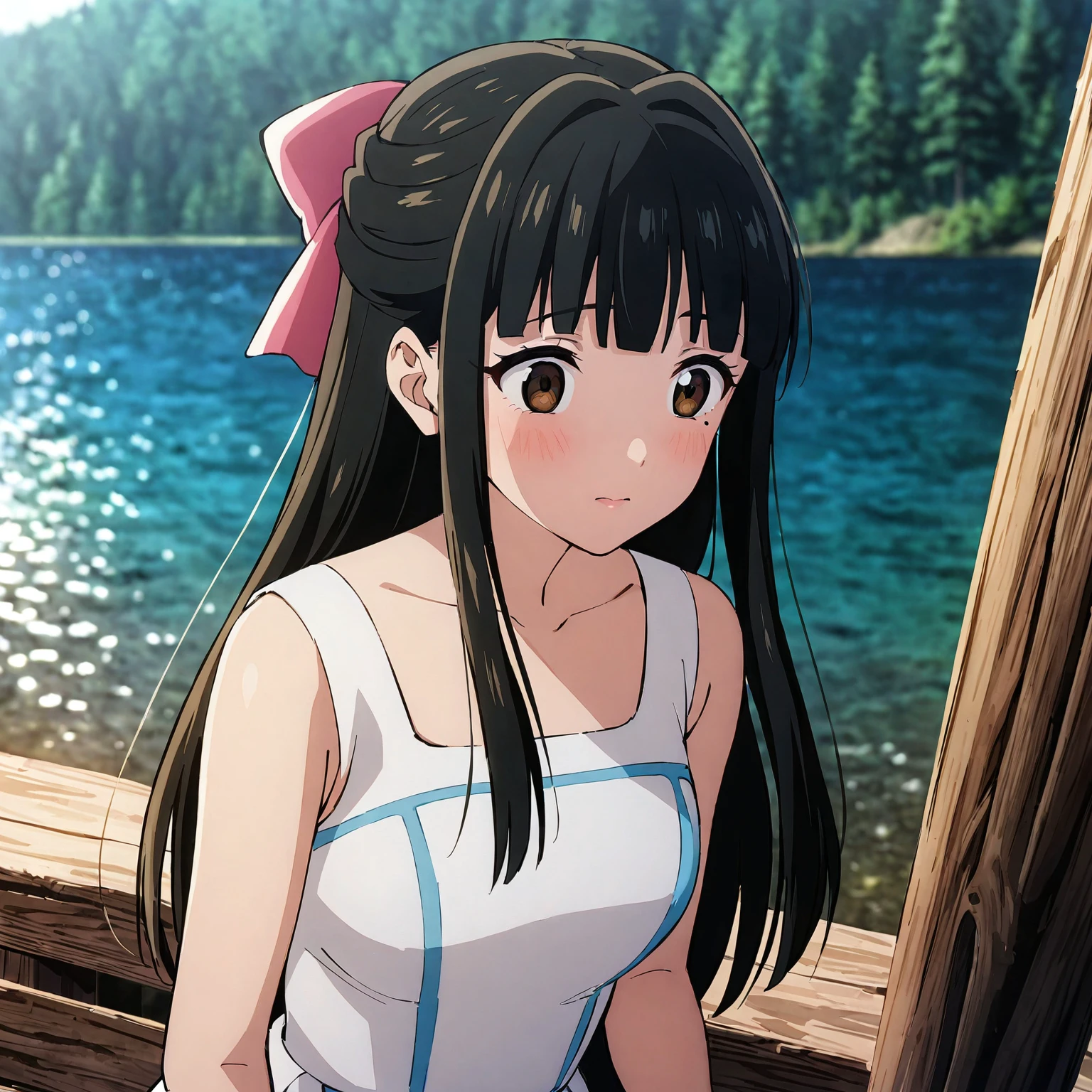 1girl, long hair,hair ribbon, blush,mole,white dress,midium skirt,outdoors, lake,forest, <lora:Fixhands_anime_bdsqlsz_V1:1> <lora:SDXL_sayo_kitarou_animazine3:1>, ,master piece,best quality,