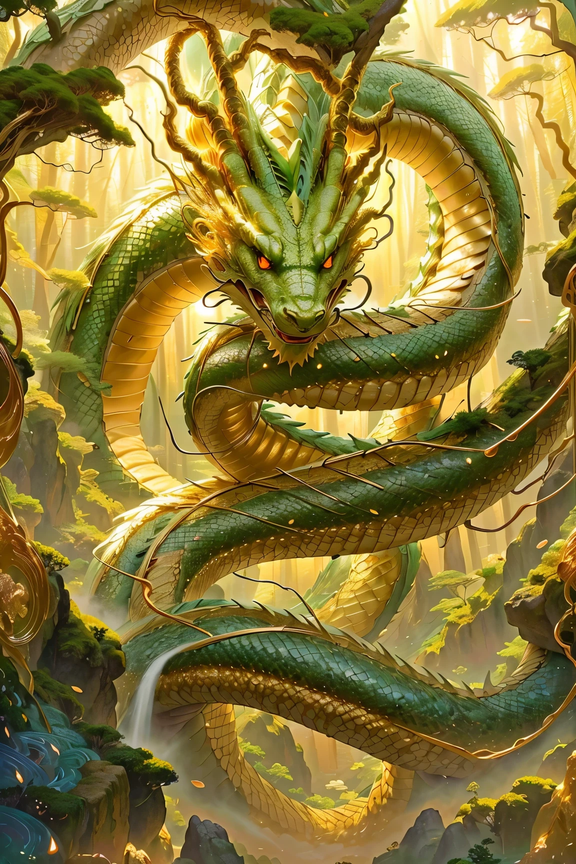 anime artwork texture (Ethereal chndrg coiled around peaks:1.2), Diagonal composition, Serpentine body, (Mystical mist:1.2), Intricate details, Lush greenery, (Golden sunlight:1.3), Captivating atmosphere, Rich textures <lora:Chinese Dragon v1.04:0.9> top down close-up . anime style, key visual, vibrant, studio anime, highly detailed