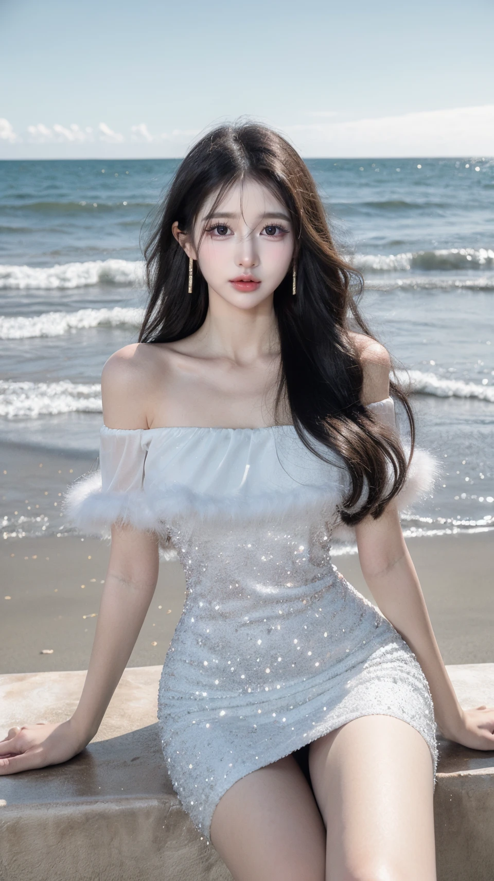 masterpiece,best quality,bright colors,solo,photo_,(1girl:1.3),(sitting:1.3),(looking at viewer:1.4),Elegant,detailed gorgeous face,(cowboy shot:1.4),realistic,dappled sunlight,(seaside background:1.4),sun,,MIS,shiny dress,fur trim,<lora:MIS46:0.75>
