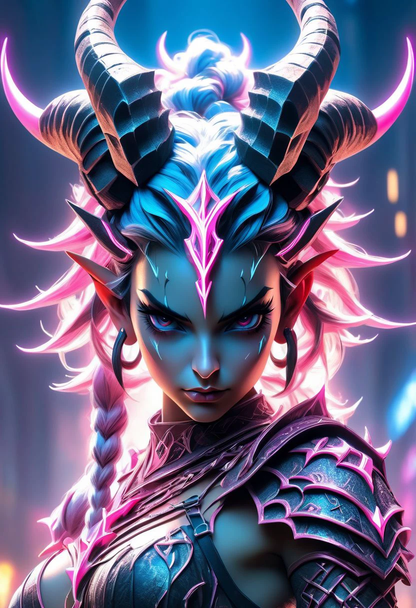 1girl, Horns, Witchcraft sword, Neon Punk, (((beautiful, symmetrical eyes, symmetrical face, over-shoulder view, magical background fantasy, beautiful, masterpiece, extremely highly detailed, focused flash photo, amazing quality, best quality, hyper detailed, ultra detailed, HDR, UHD, perfect anatomy, depth of field, dramatic light, detailed atmosphere, volumetric light, high resolution, 8k, highly detailed, photorealistic, dramatic lighting, high quality, exquisite details, delicate atmospheres, intricate details, highly detailed textures))).