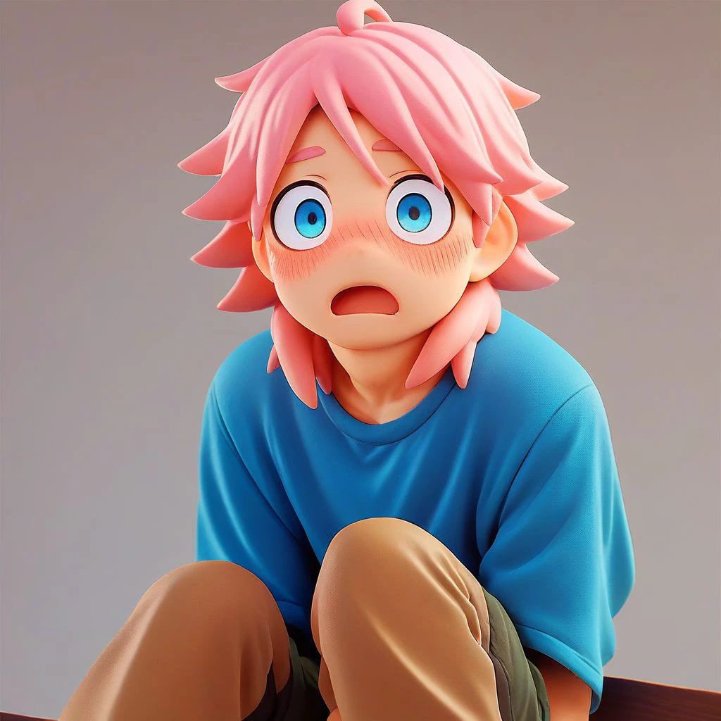 score_9,score_8_up,score_7_up,score_6_up,score_5_up,score_4_up, solo,, 1boy, male focus, solo, blush, sitting, wariza, medium hair, pink hair, blue eyes, wide-eyed, open mouth,