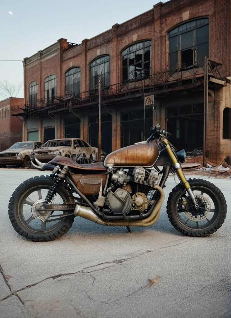 cinematic still of the TWDDDBike parked in apocalyptic Atlanta, burned buildings, abandoned cars, hyperdetailed, rusty and weathered, moonlight, shallow depth of field, <lora:TWDDDBike:1>