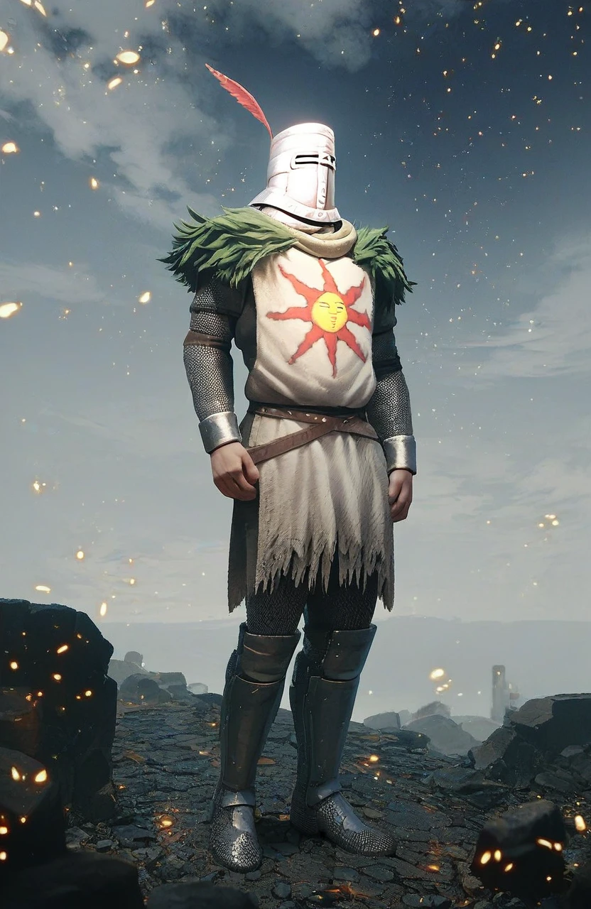 score_9, score_8_up, score_7_up, score_6_up, score_5_up, score_4_up, solaire dark souls chainmail armor knight male solo, tabard helmet boots, dark night starry_sky rubble dramatic_lighting embers, <lora:Solaire__Dark_Souls__PonyXL:0.9>