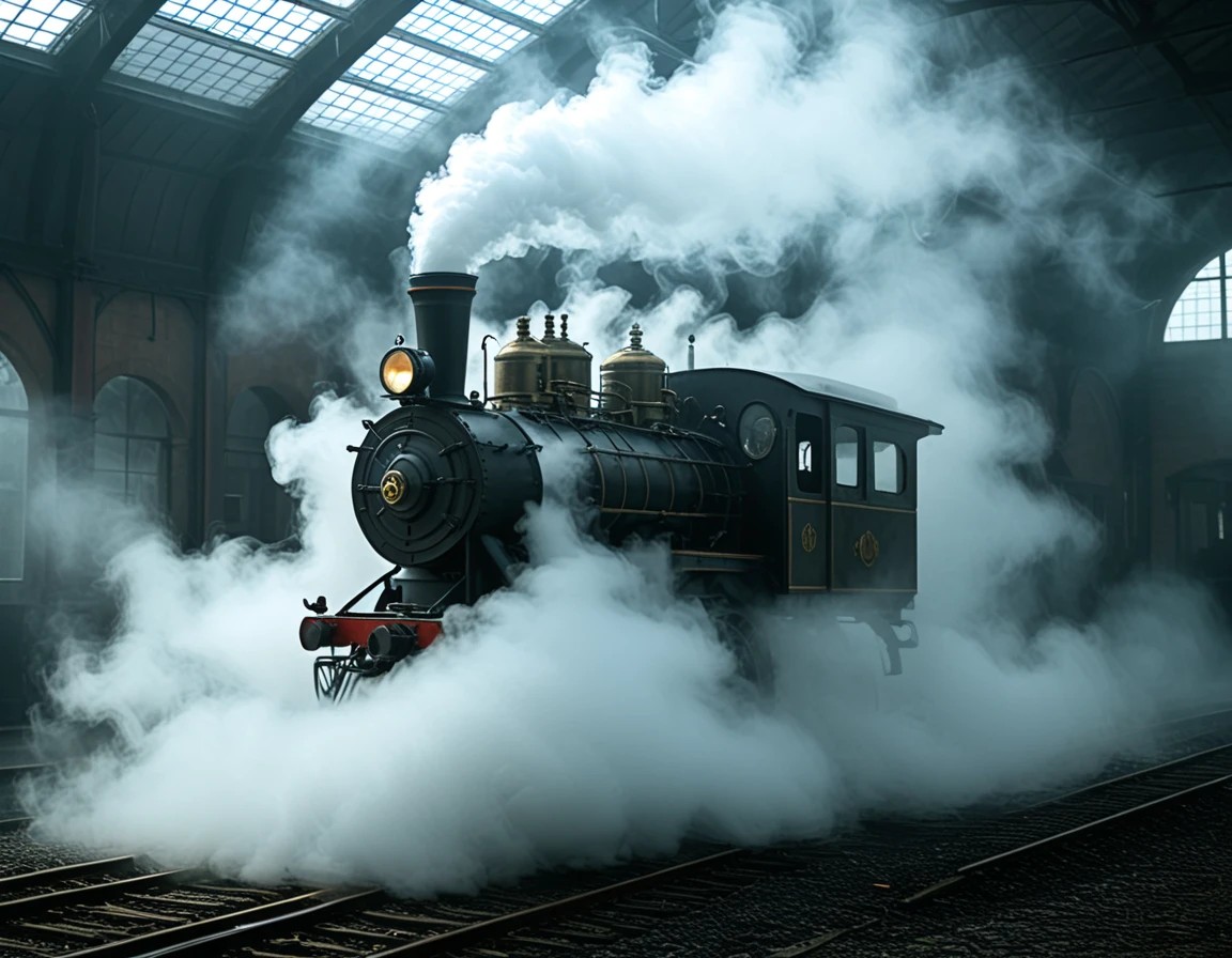 mdfg a steam engine made of fog in a station emitting steam and fog<lora:fog_things:1>