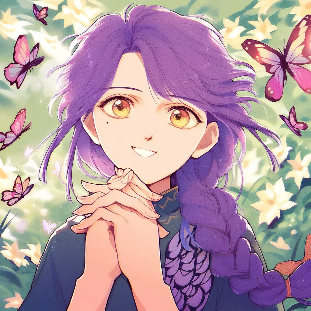 utzssks, 1girl, solo, long hair, smile, yellow eyes, purple hair, braid, flower, mole, mole under eye, single braid, own hands together, bug, butterfly, own hands clasped, score_9, score_8_up, score_7_up, score_6_up