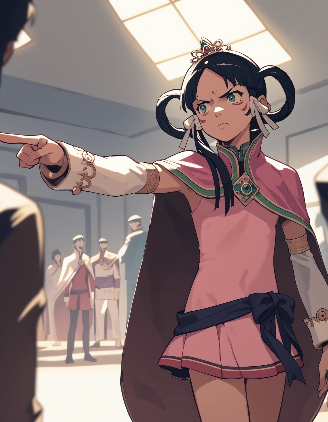 score_9, score_8_up, score_7_up, source_anime <lora:rayfa-ponyxl-000017:1> rayfa, tiara, cape, short dress, pink dress, detached sleeves,
1girl, annoyed, pointing, podium, courtroom