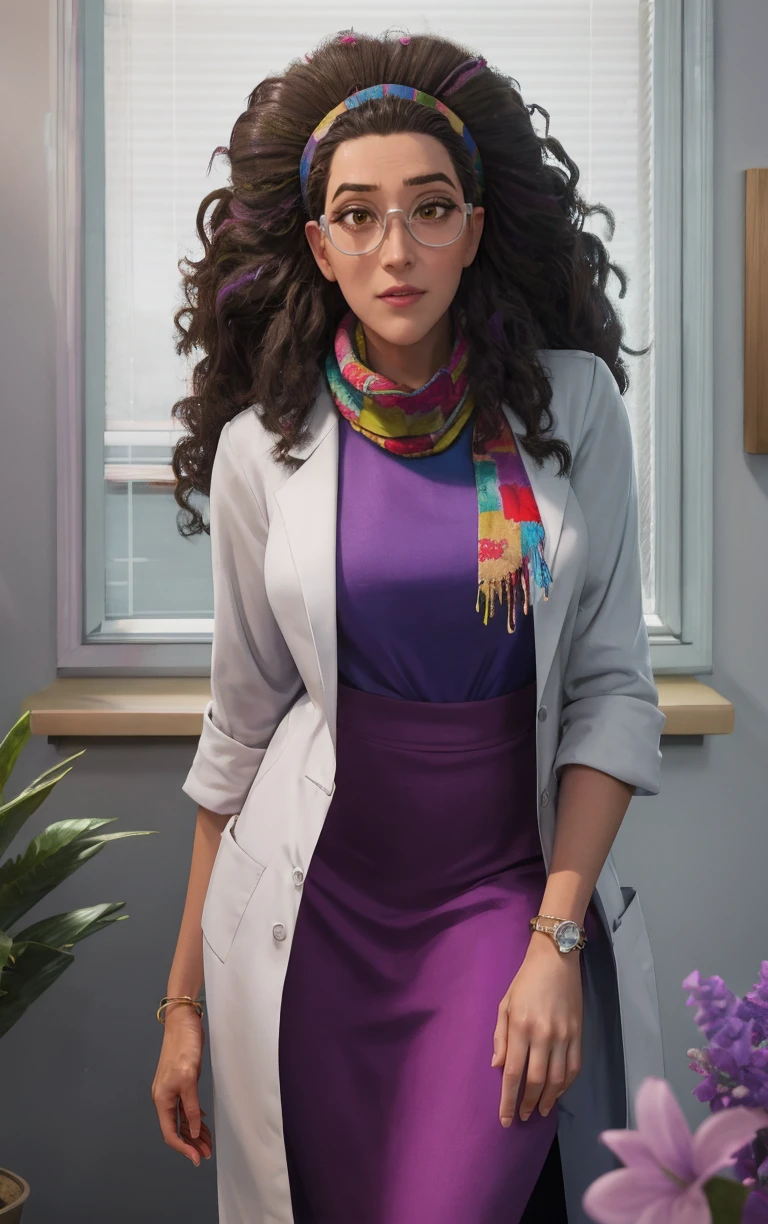 Labcoat_SpiderVerse_OliviaOctavius_ownwaifu,
1girl, afro, brown hair, long hair, dark skin, dark-skinned female, yellow eyes, lips, dreadlocks, big hair, curly hair, messy hair, glasses, blue-framed eyewear, hairband, bracelet, breasts, big hair,
labcoat, scarf, multicolored clothes, purple dress, shirt, sleeves rolled up,
<lora:CARTOON_SpiderVerse_OliviaOctavius_ownwaifu:0.7> ,
((masterpiece)),((best quality)),(highres, absurdres), original, official_art, chromatic_aberration, bokeh, depth_of_field, window, wisteria, loaded_interior, skylight, sunset, indoors, window_shade, potted_plant, focused, looking at viewer, solo, cowboy shot,
