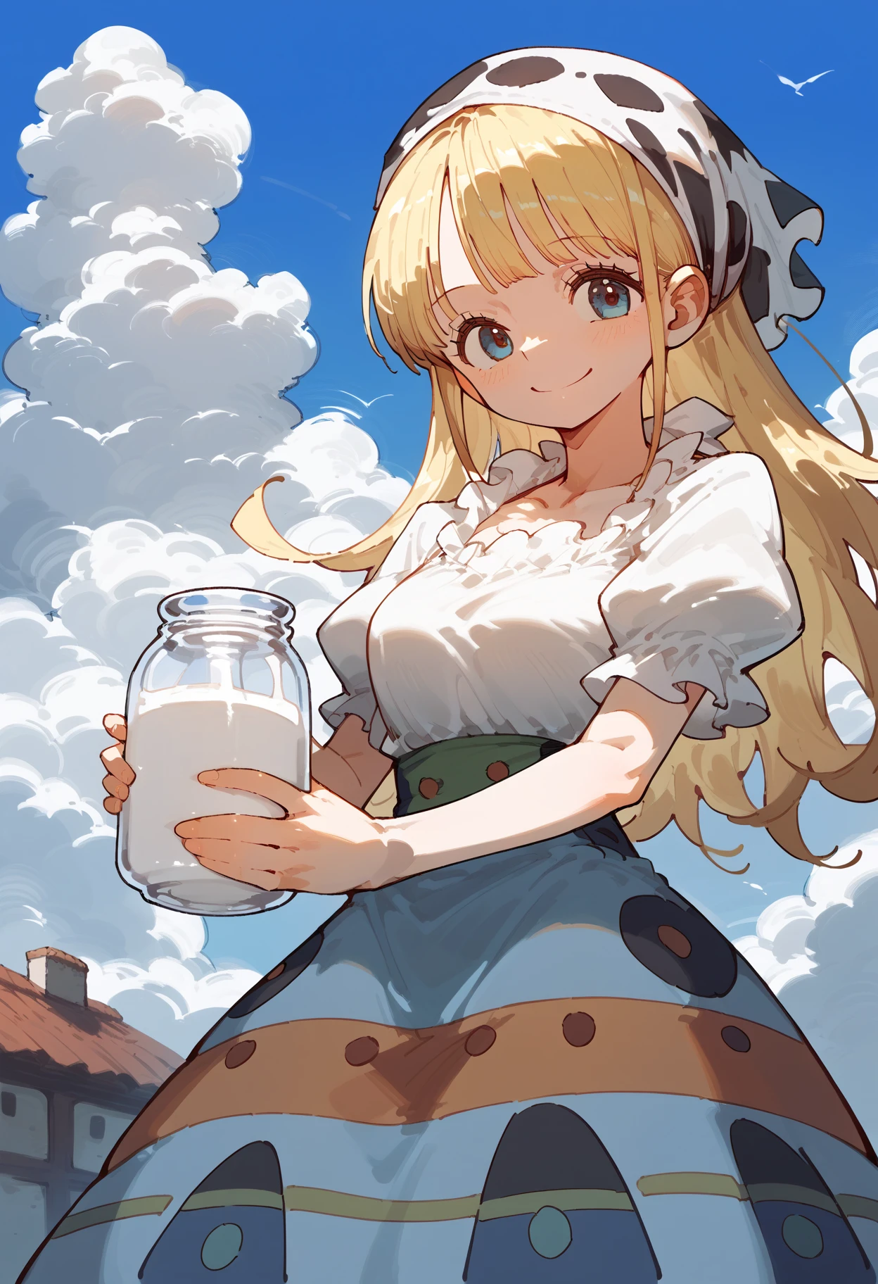score_9, score_8_up, score_7_up, source_anime, RythModaOPPony, cowboy shot, bandana, skirt, dress, looking at viewer, holding milk jar, outdoors, blue sky, clouds, smiling, <lora:ModaOPPony-101:1>,