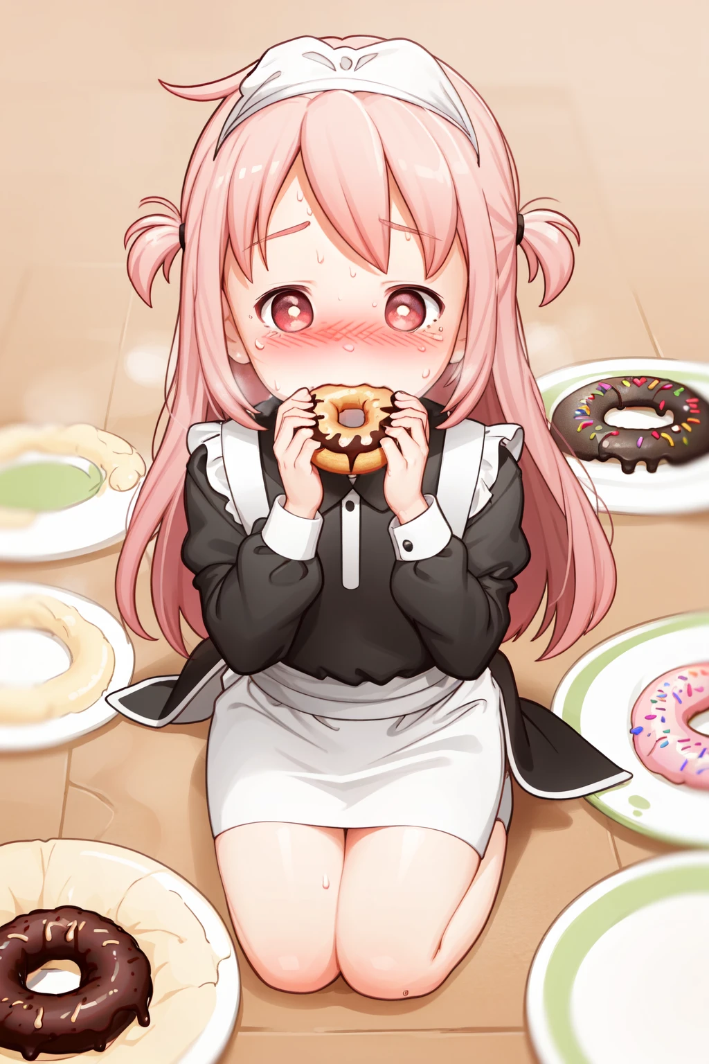 (masterpiece, best quality:1.2),
1girl, (puffy cheeks:1.4), (:3, surprised, full-face blush, sweat drop:1.2), looking at viewer, long hair, pink hair, brown eyes BREAK
maid dress, black dress, headband, sitting, on floor, seiza
BREAK from above, (eating, holding food, donuts), food, plate stack, food on face, kitchen