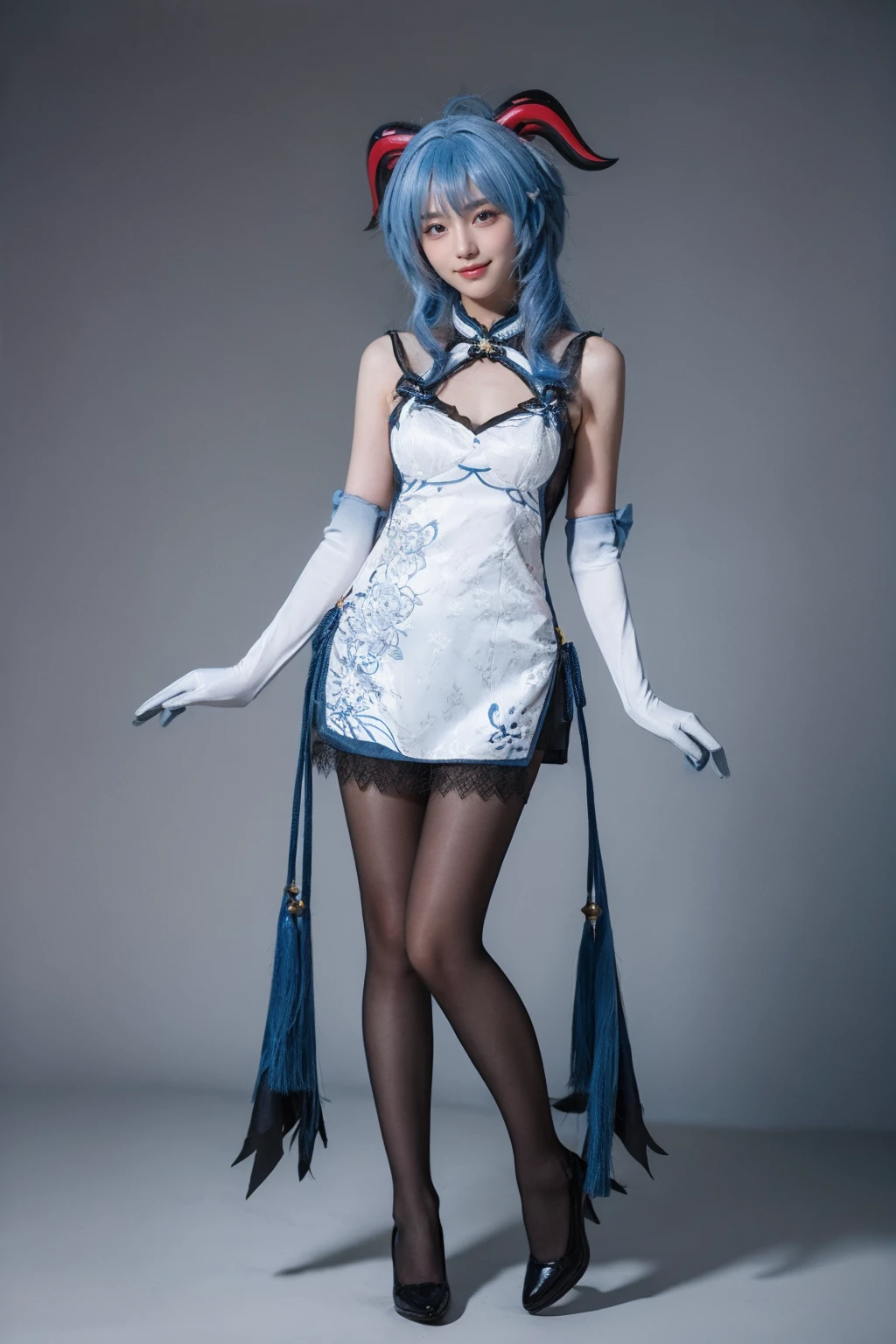 best quality,masterpiece,realistic,photorealistic,1girl,solo,looking at viewer,smile,standing,full body,ganyu cosplay costume,ganyu,genshin impact,alternate costume,blue hair,long hair,ahoge,dress,chinese clothes,china dress,horns,goat horns,gloves,elbow gloves,pantyhose,black pantyhose,high heels,grey background,<lora:Genshin_Ganyu_China_Dress_v1:0.7>,