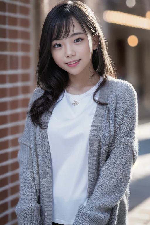 1girl,(RAW photo, best quality), (realistic, photo-realistic:1.4), masterpiece, an extremely delicate and beautiful, extremely detailed, 2k wallpaper, Amazing, finely detail, extremely detailed CG unity 8k wallpaper, ultra-detailed, highres, soft light, beautiful detailed girl, extremely detailed eyes and face, beautiful detailed nose, beautiful detailed eyes,cinematic lighting,perfect anatomy,
(wearing a cardigan:1.1),bokeh,
(at a downtown:1.4),looking at viewer,young japanaese idol,standing,
(smile:1.2), <lora:miurachiyuki_lora_01:1.1>