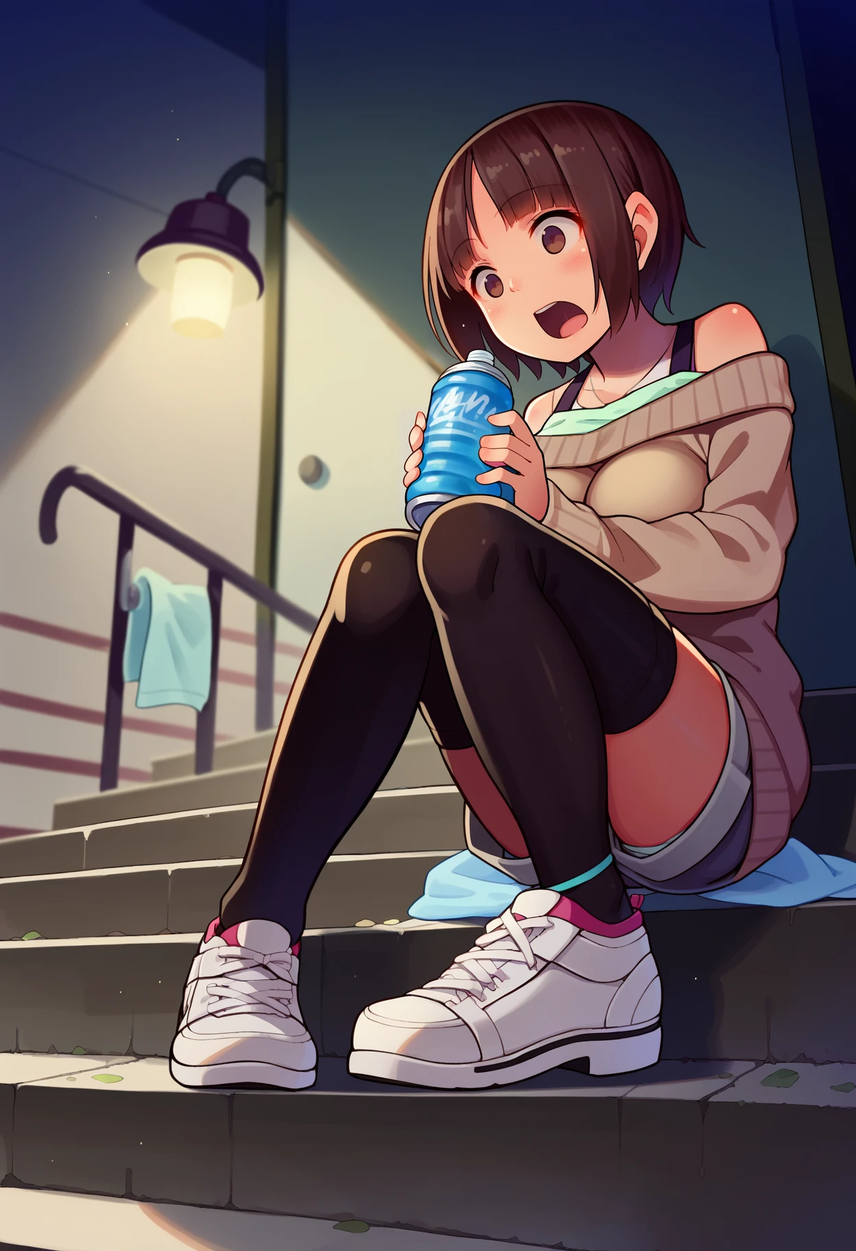 score_9, best quality, masterpiece, uncensored, source_anime
BREAK
miyu \(tiny evil\), 1girl, mature female, large breasts, :o, black thighhighs, blunt bangs, bottle, brown eyes, brown hair, brown sweater, can, casual, door, fan, fire hydrant, grey shorts, industrial, lamp, open mouth, outdoors, raised eyebrows, rust, shoes, short hair, shorts, sitting, sneakers, solo, stairs, surprised, sweater, thighhighs, towel, water bottle, (female focus:1.1), from side, from below, (close-up:1.1)
<lora:muk_pony_v2:1>