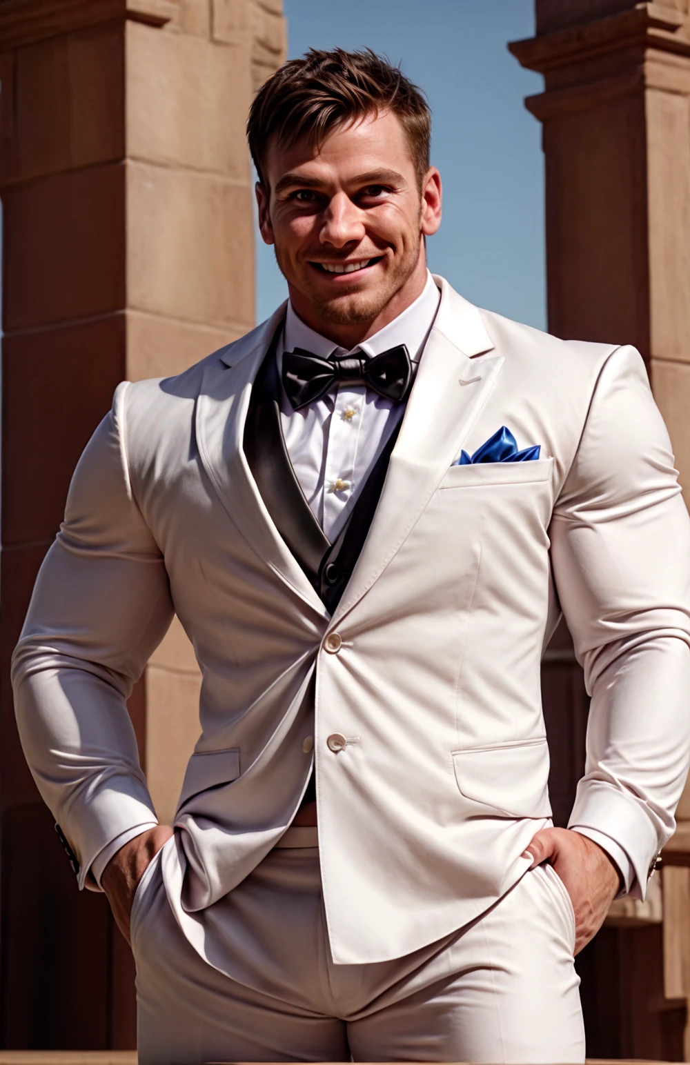 (face focus). (close up shot:0.01), <lora:BulkedUpAIR1.5:0.3>, (masculine:1.4), at outdoor sunny wedding, ((muscular man wearing designer formal suit)), sexy pose:1.0, confident, handsome, (((masterpiece))), (((best quality))), <lora:more_details:0.5>, (hands on waist), male, athletic, looking at viewer, smile, big pecs:1.2, <lora:Phantas2Curtis (1):1.0>, Phantas2Curtis