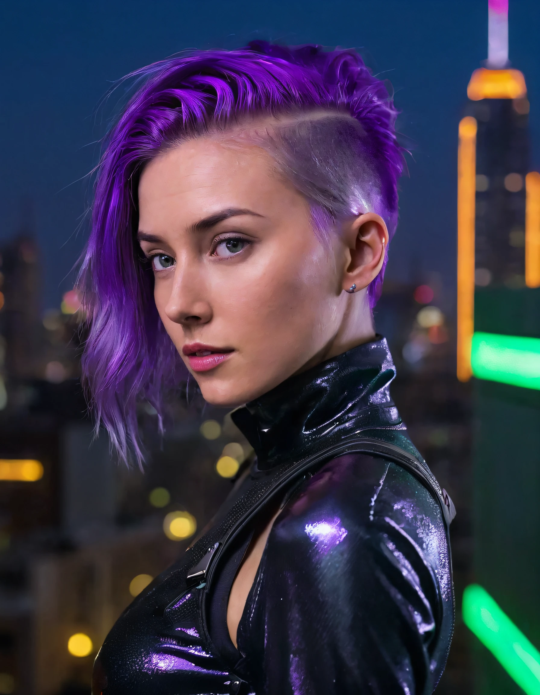 In the future city, Evie stands confidently amidst a cyberpunk landscape atop a neon-lit rooftop garden, her sleek black jumpsuit with metallic accents glowing under the city lights as she poses for the camera; her stylish purple spiky hair accentuating the scene while her piercing green eyes lock with the viewer, all framed by a stunning profile that reveals her sharp jawline and highlights her futuristic goggles. <lora:lrvxgs18f536767e0mb25:1>