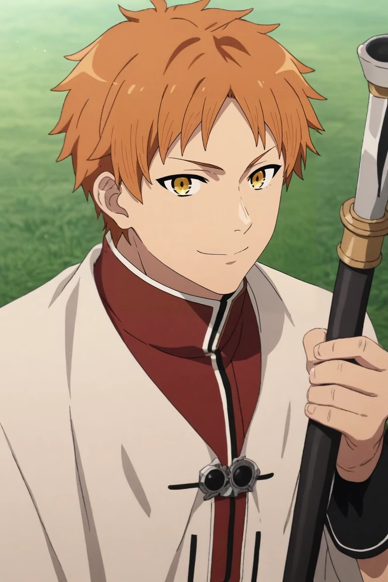 score_9, score_8_up, score_7_up, source_anime, rating_safe, intricate details, (realistic:0.6), looking at viewer, depth of field, 1boy, emiya shirou, fate \(series\), orange hair, yellow eyes, solo, straight-on, stonehenge, dark, holding weapon, naughty smile, <lora:mushoku_tensei_style_pony:0.96>, mushoku_tensei_style, <lora:sdxl_lightning_8step_lora:1>