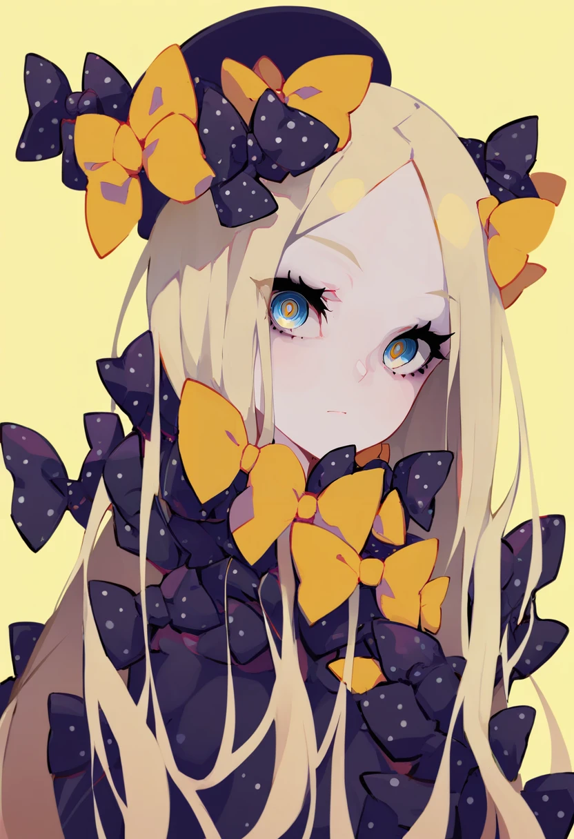 score_9, score_8_up, score_7_up, score_6_up, <lora:LAMXL_P6_lokr_V4236:0.95> 1girl, solo, abigail williams \(fate\), bow, blonde hair, yellow background, long hair, blue eyes, hair bow, black bow, looking at viewer, hat, polka dot, signature, black headwear, parted bangs, orange bow, portrait, simple background, closed mouth, polka dot bow, multiple hair bows, multicolored eyes, forehead, black dress, dress, head tilt, yellow bow