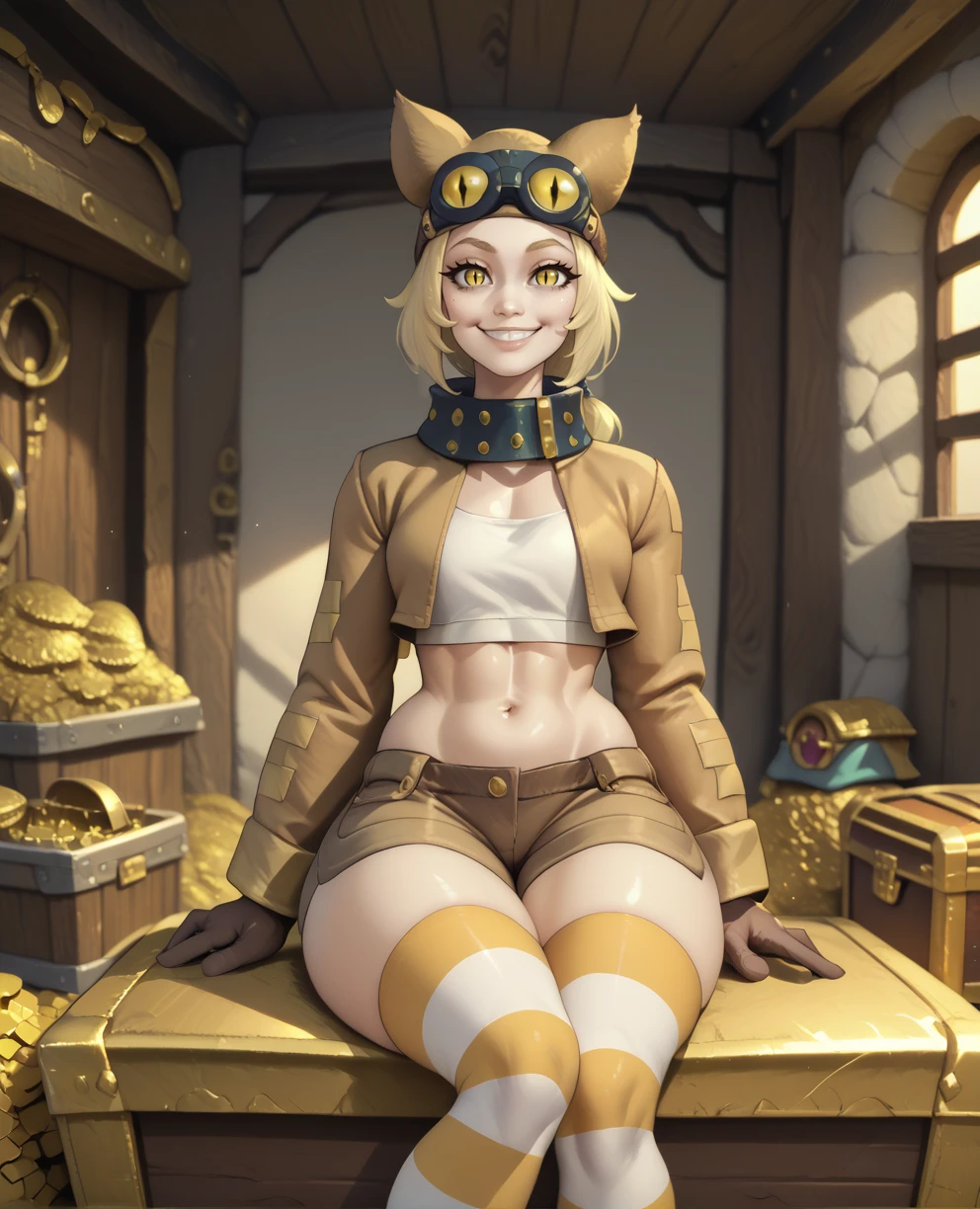 score_9,score_8_up,score_7_up,score_6_up,Thiefxl,blonde hair,yellow eyes,low ponytail,slit pupils,
animal hat,goggles on head,crop top jacket,brown shorts,brown gloves,long sleeves,curvy,neck belt,looking at viewer,smile,striped thighhighs,
treasure chest, indoors, sitting,
solo,<lora:Thiefpxl3:0.8>,