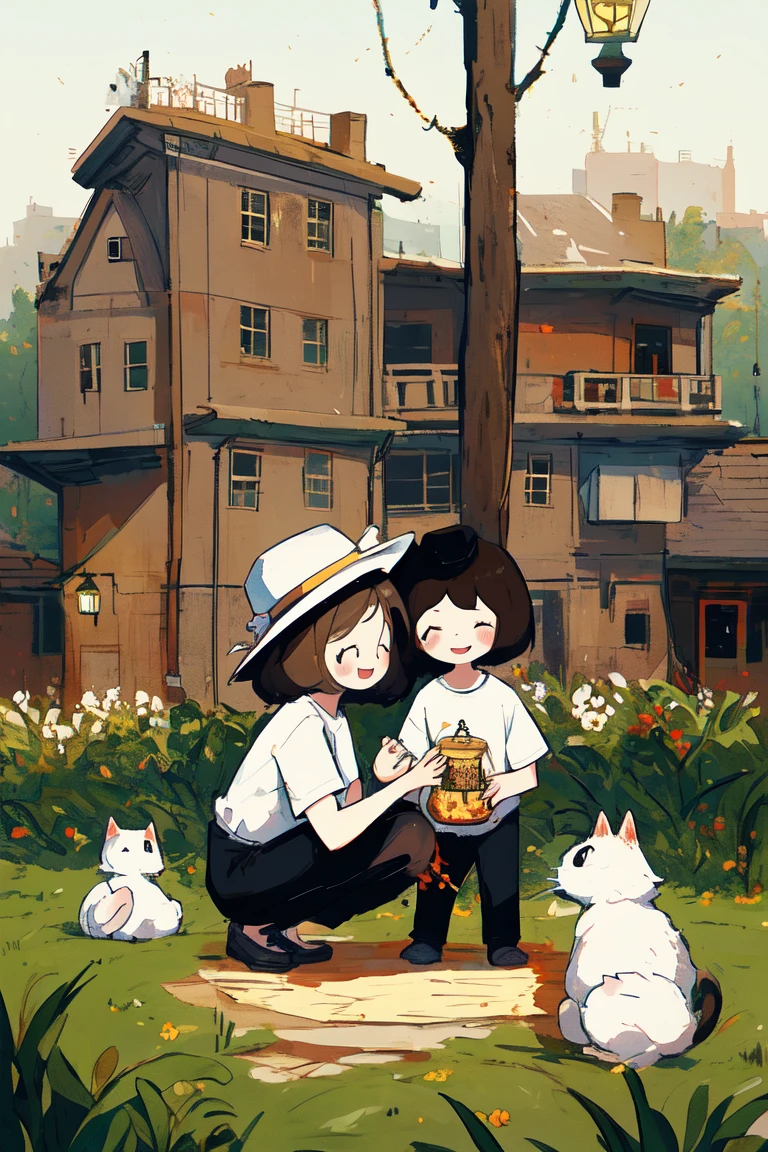 multiple girls, lantern, multiple boys, outdoors, squatting, tree, plant, rabbit, architecture, scenery, long hair, building, cat, brown hair, short hair, pants, food, smile, hat, shirt, white shirt, animal, standing