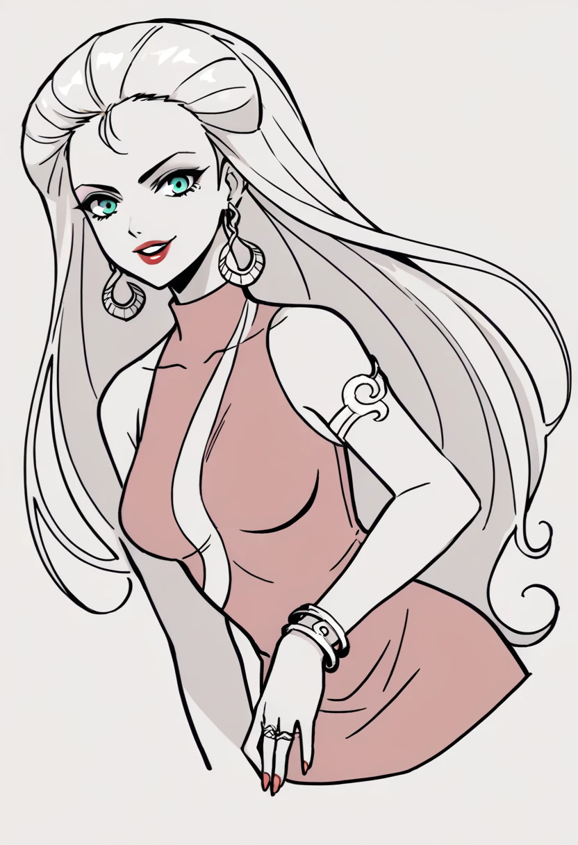 score_9, score_8_up, score_7_up, source_anime, BREAK 1girl, looking at viewer, smile, cropped legs, <lora:BodyconianSMT-pdxl:1> bconSMT, long hair, aqua eyes, short red dress, sleeveless, turtleneck, earrings, lipstick, bracelet, armlet, ring, nail polish, <lora:Potat-lineart_sketch_v1-USENEG:-0.85> lineart, sketch