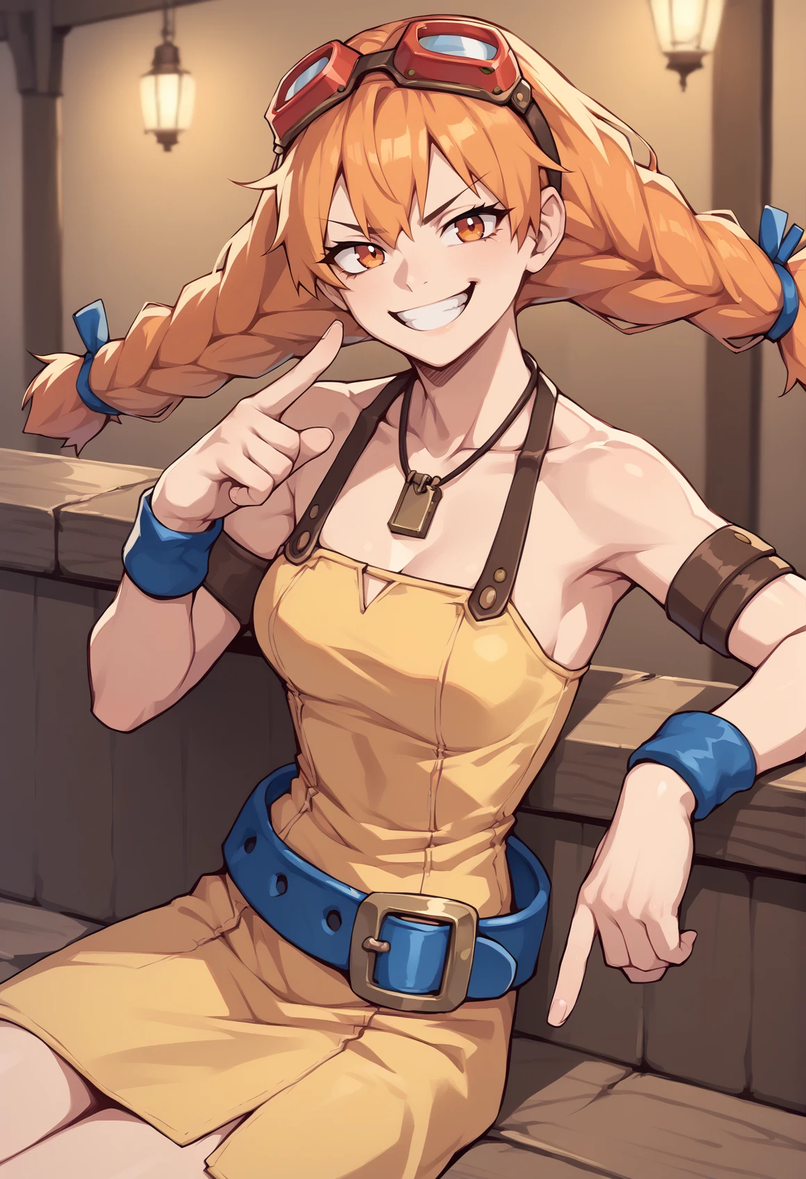 1girl, solo, twin braids, orange hair, long hair, orange eyes, necklace, dress straps, yellow dress, Goggles On Head, armlet, blue belt, wristband, single glove, sitting, tavern, teeth, smile, smug, pointing at viewer, cowboy shot <lora:Aika_Skies_of_Arcadia_XL:1>, score_9, score_8_up, score_7_up, score_6_up, score_5_up, score_4_up, BREAK source_anime, masterpiece
