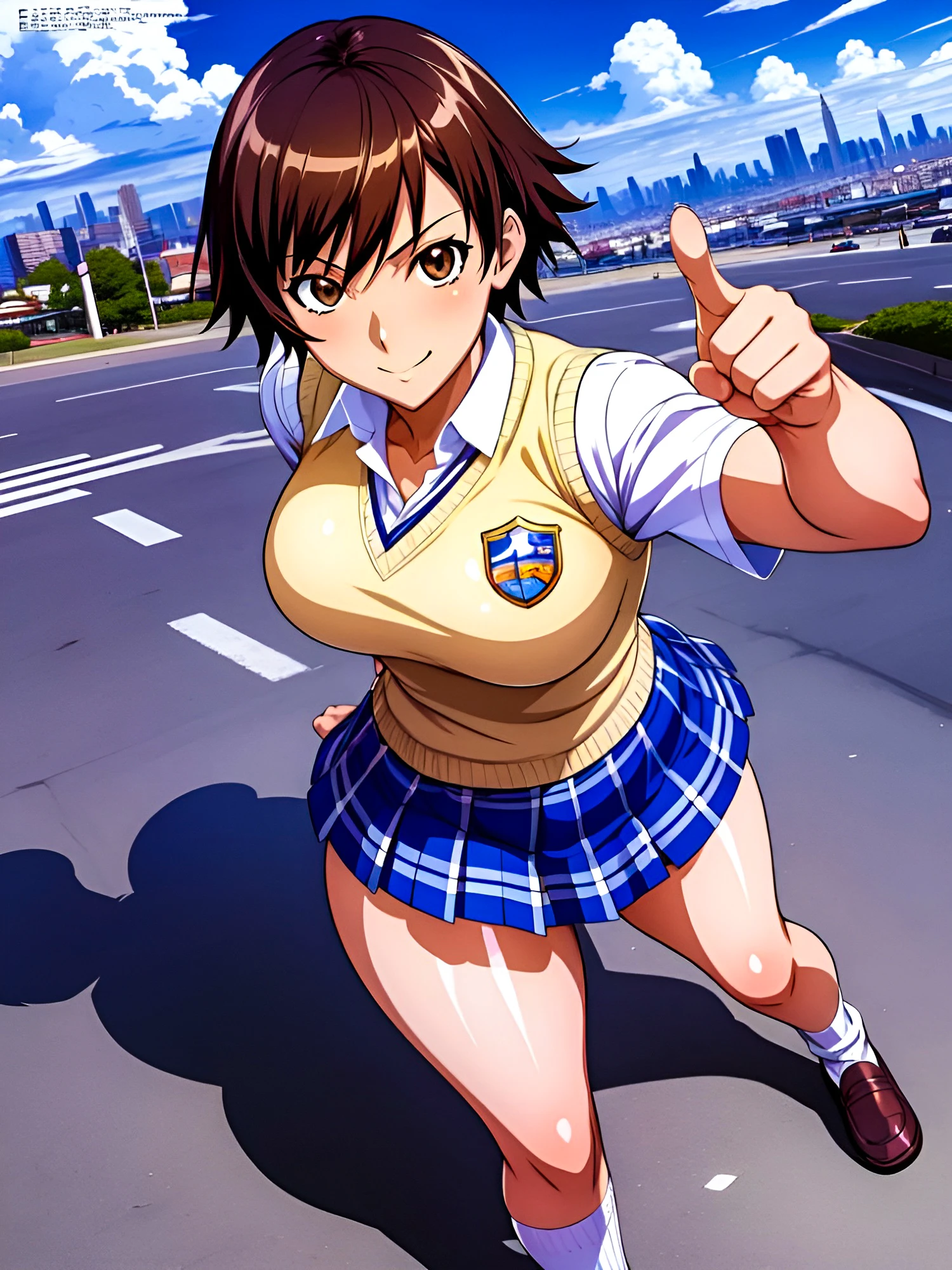 (masterpiece, high quality, anime coloring, anime cel shading), (slender:1.3, slim legs), (1girl:1.2), smile, short hair, brown hair, brown eyes, school uniform, sweater vest, white shirt, short sleeves, plaid skirt, blue skirt, white gloves, fingerless gloves, city, blue sky, cloudy sky, fighting stance, white socks, loafers, street, kazama asuka, standing, from above,