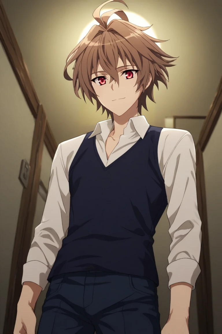 score_9, score_8_up, score_7_up, source_anime, rating_safe, , semi-realistic, , depth of field, 1boy, solo, male focus, <lora:sieg_fate_apocrypha_pony:0.8>, sieg_fate_apocrypha, brown hair, red eyes, short hair, hair between eyes, bangs, ahoge, from below, corridor, night, crescent moon, victory pose, naughty smile, , <lora:sdxl_lightning_8step_lora:1>