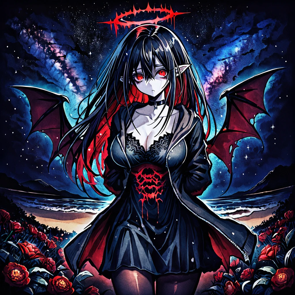 horror-theme-style,high quality,colorful,solo,1girl,straight hair,Black hair，long hair,colored inner hair,hair between eyes,red eyes，beautiful eyes，Red Thorn Halo，Bat wings，pointy ears,large breasts，Thorax, cleavage, clavicle，black choker，black nightgown，jacket，black pantyhose，night, stars, on the beach,arms behind back ,night, stars,Starlight, Milky Way, Universe, Planet,Flower bed, black flowers, red flowers, white flowers