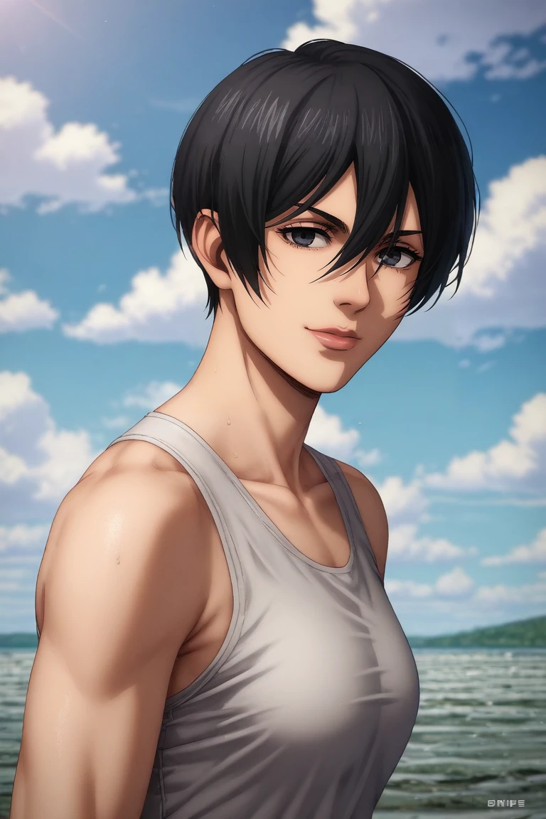 score_9, score_8_up, score_7_up, source_anime, rating_safe, , (photorealistic:0.6), looking at viewer, depth of field, 1girl, solo, <lora:mikasa_ackerman_pony:0.76>, mikasa_ackerman, black hair, black eyes, , very short hair, pixie cut, focused, cold, ice, day, clouds, (dynamic pose:1.2), smile, , <lora:sdxl_lightning_8step_lora:1>