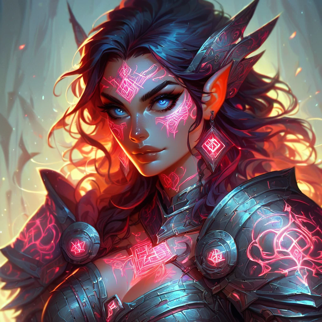 score_9, score_8_up, score_7_up, flashfire glowing runes, woman wearing glowing rune armor, glowing rune armor, detailed background, tribal runes, realistic concept art,