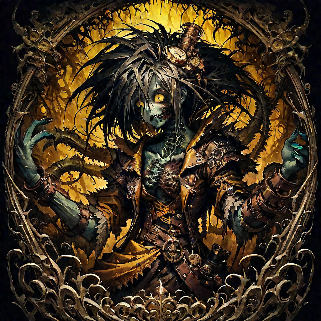 horror-theme-style,(masterpiece),(best quality),zombie with twisted limbs, in an vibrant colored enchanted wonderland, magical, whimsical, fantasy art concept, steampunk, intricate details, best quality, masterpiece, ultra sharp, yellow theme background traditional eastern