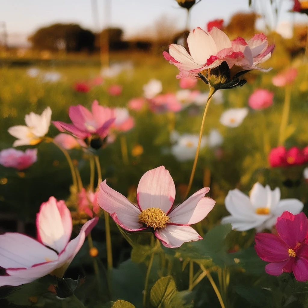 Best quality,masterpiece,ultra high res,(photorealistic:1.2),<lora:cosmos_bipinnatus:1>,cosmos_bipinnatus,flower,no humans,still life,pink flower,plant,blurry,outdoors,grass,scenery,leaf,day,<lora:åå½±:0.8>,