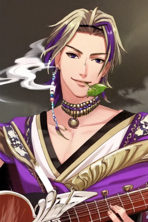 (masterpiece),(best_quality),leaf on mouth,1boy,Kendatsubaou,purple capelet,collar,jewelry,european clothes,floral print,frills,collarbone,fingerless black gloves,smoke,smile,guitar,<lora:Kendatsubaou:1>,