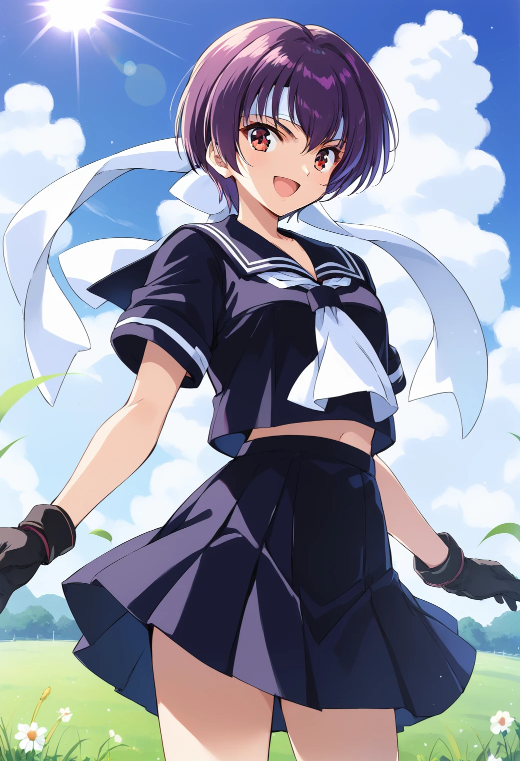 1girl, solo, (field:1.2), (sky:1.2), (sunlight:1.2), smile, open mouth, cowboy shot
kawasaki_shinobu, red eyes, purple hair, short hair, headband, black gloves, school uniform, black serafuku, sailor collar, short sleeves, black skirt, <lora:asuka120_kawasaki_shinobu_pony_ver1:0.7>, score_9, score_8_up, score_7_up, BREAK source_anime, best quality, masterpiece, uncensored,